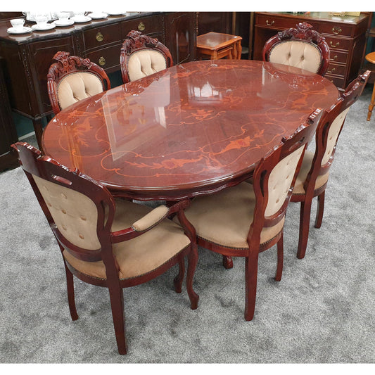 Ornate Inlaid Dining Table with Six Chairs