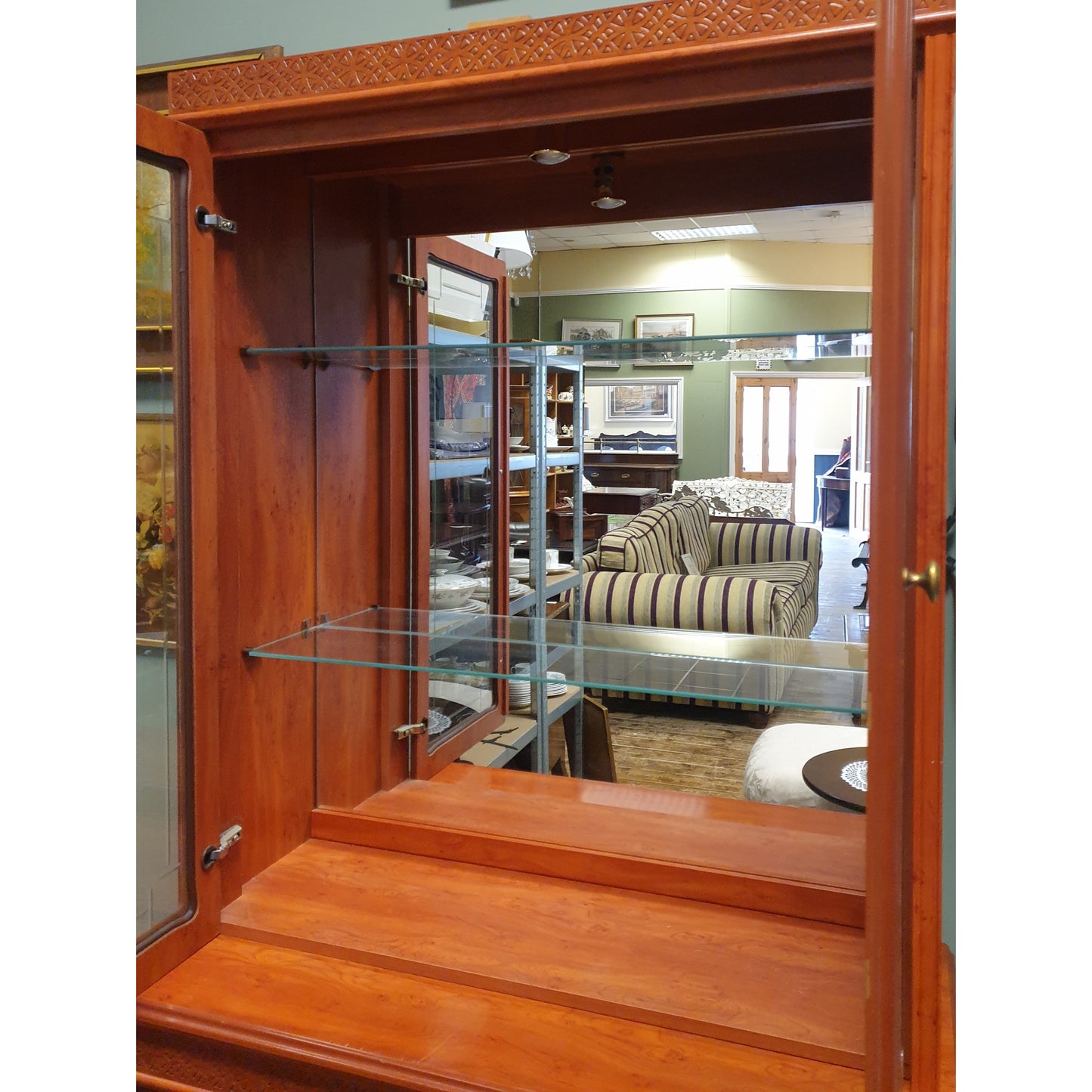 Yew Wood Display Cabinet with Glass Shelves
